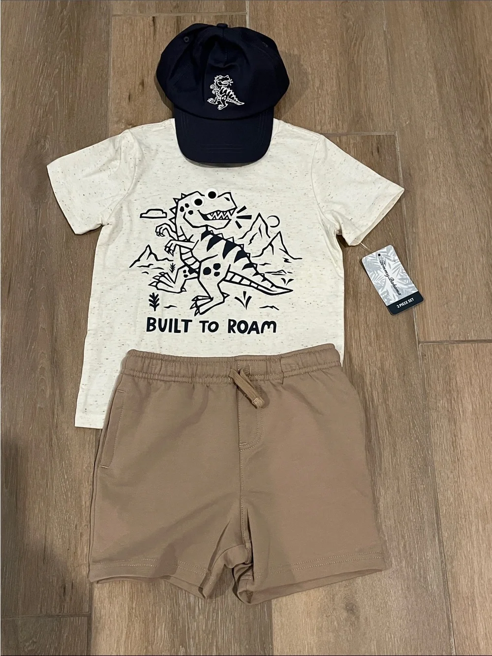 Tommy Bahama Cream Dino 'Built to Roam' Tee with Tan Shorts